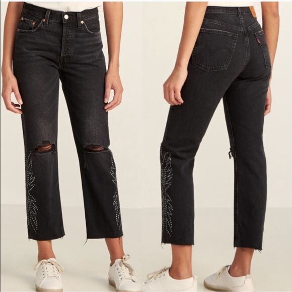 Levi’s 501 Ripped High Waist Crop Studded Canyon Jeans - Picture 6 of 16